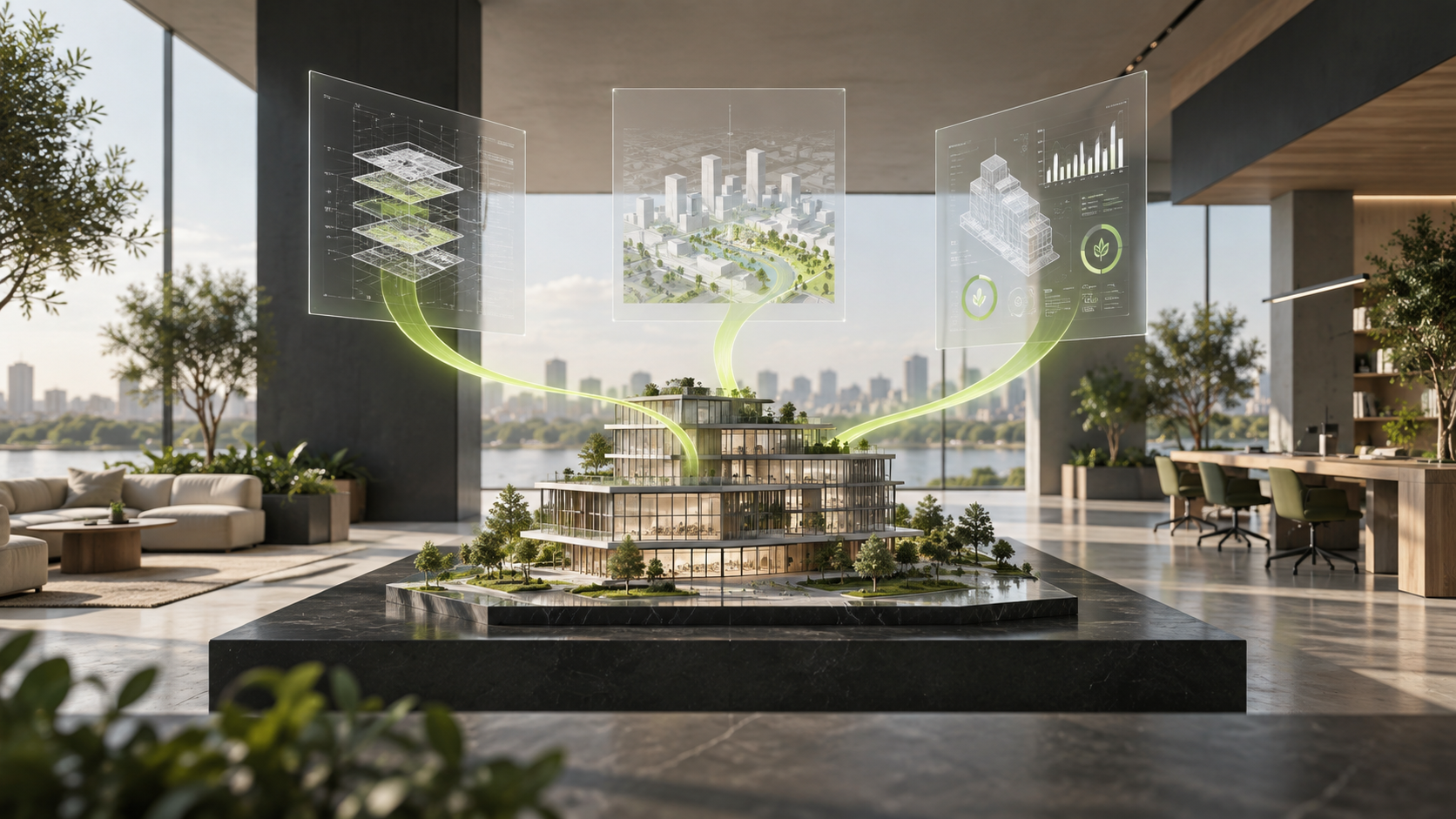 Ilustración conceptual que conecta edificios, información y espacios de trabajo