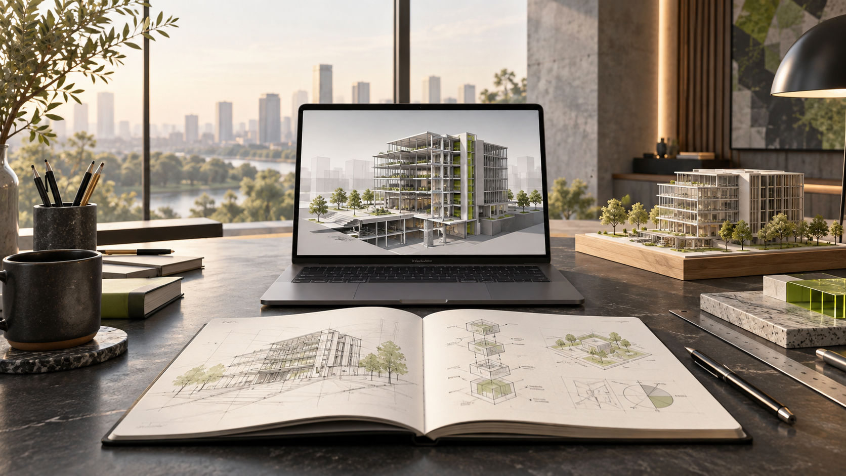 Ilustración de un espacio de aprendizaje con modelo BIM y material de estudio