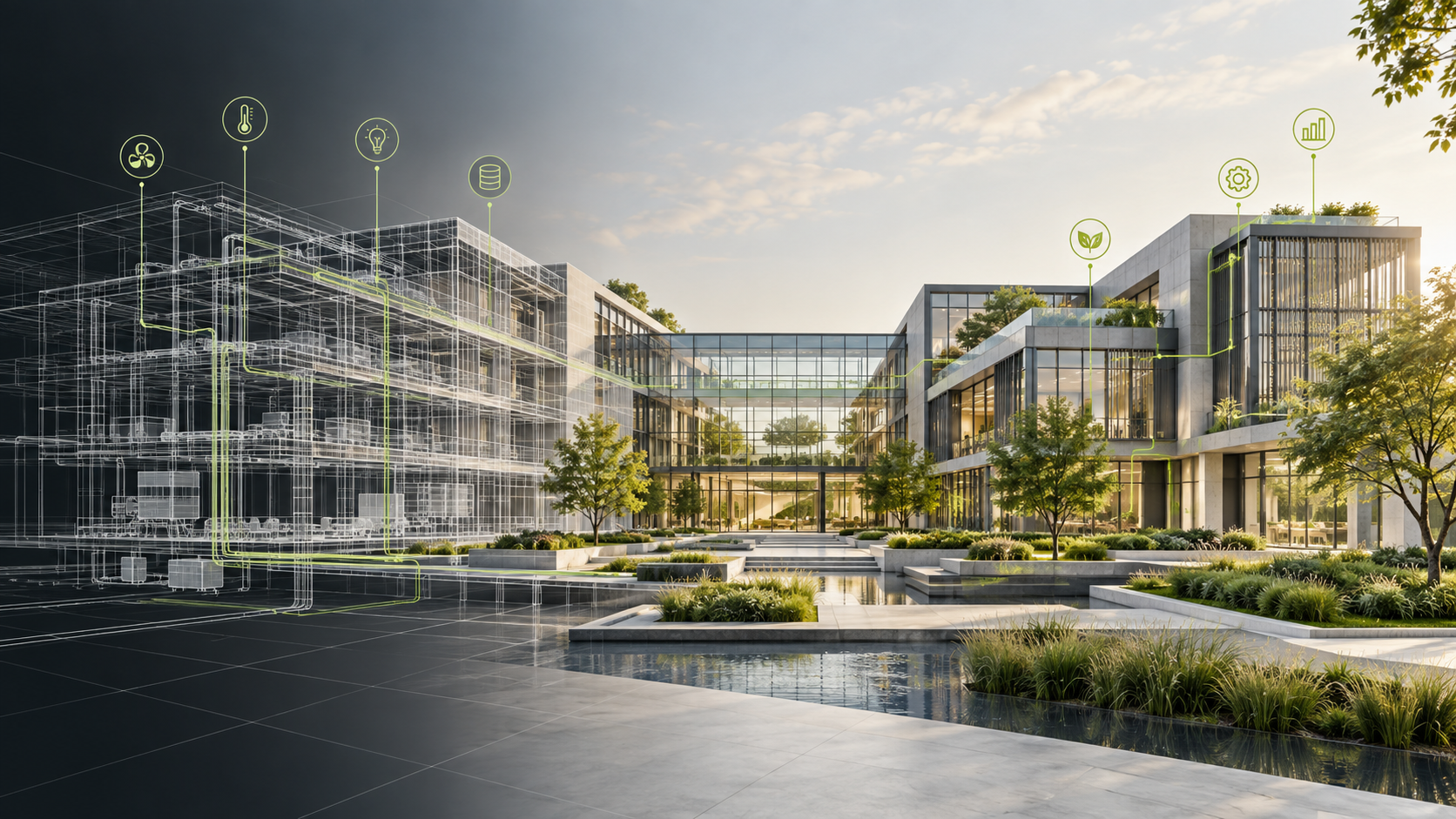 Ilustración conceptual de un edificio y su modelo digital BIM