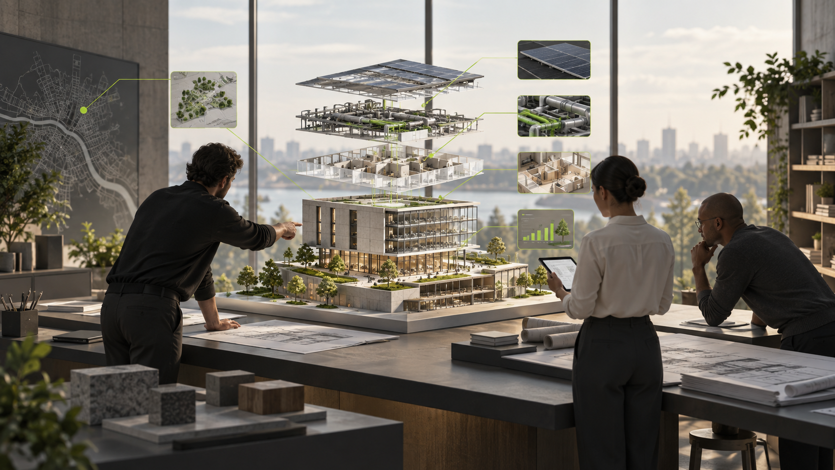 Ilustración conceptual de colaboración profesional en torno a un modelo BIM